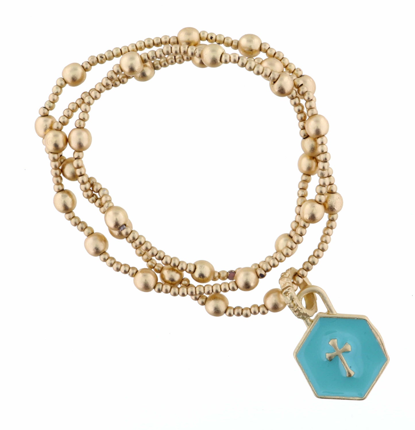 Kids Set of 3, Gold Stretch, Hexagon with Cross Bracelet