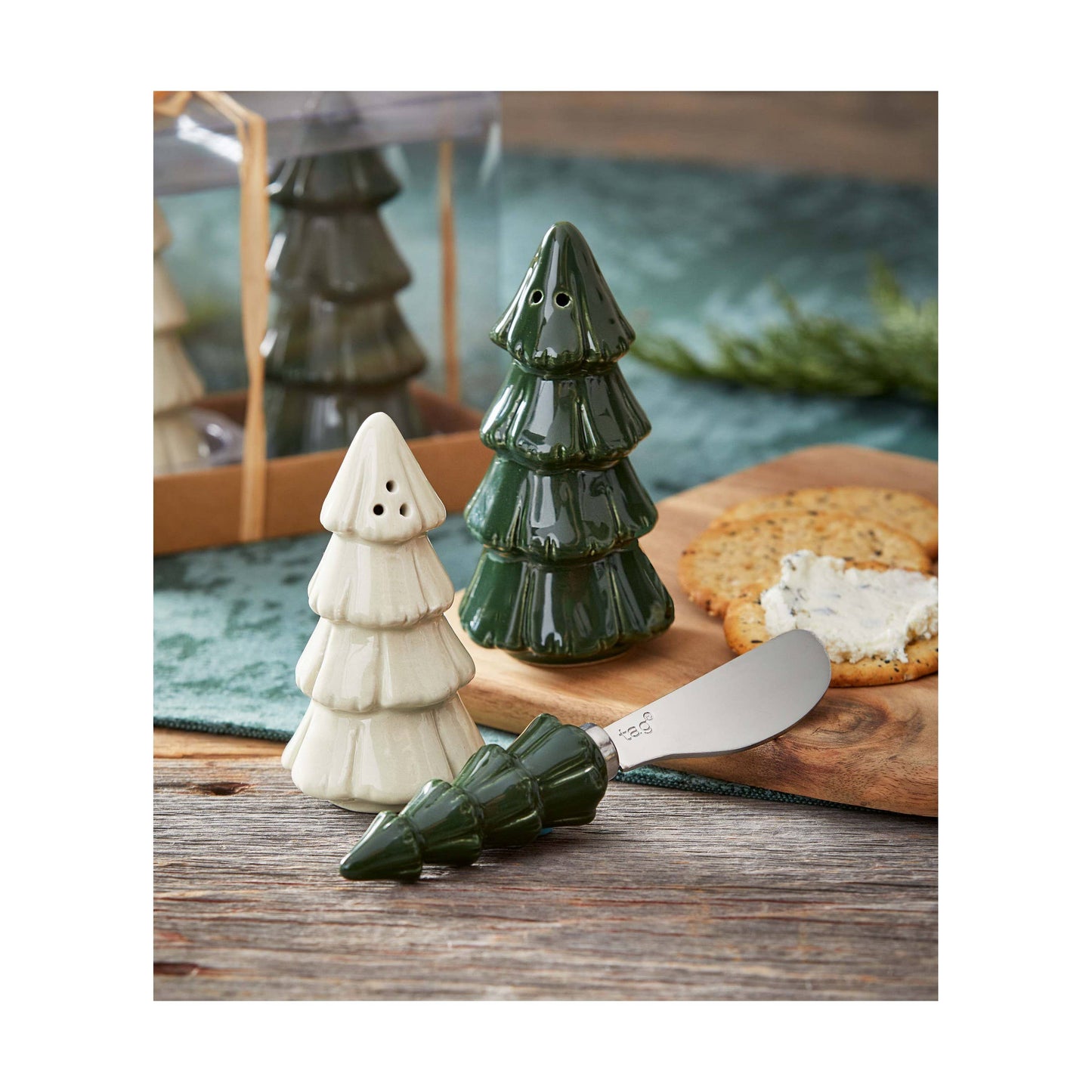 White & Green Ceramic Tree Salt Pepper Shaker Set
