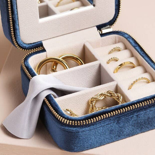 Navy Blue Velvet Square Travel Jewelry Case