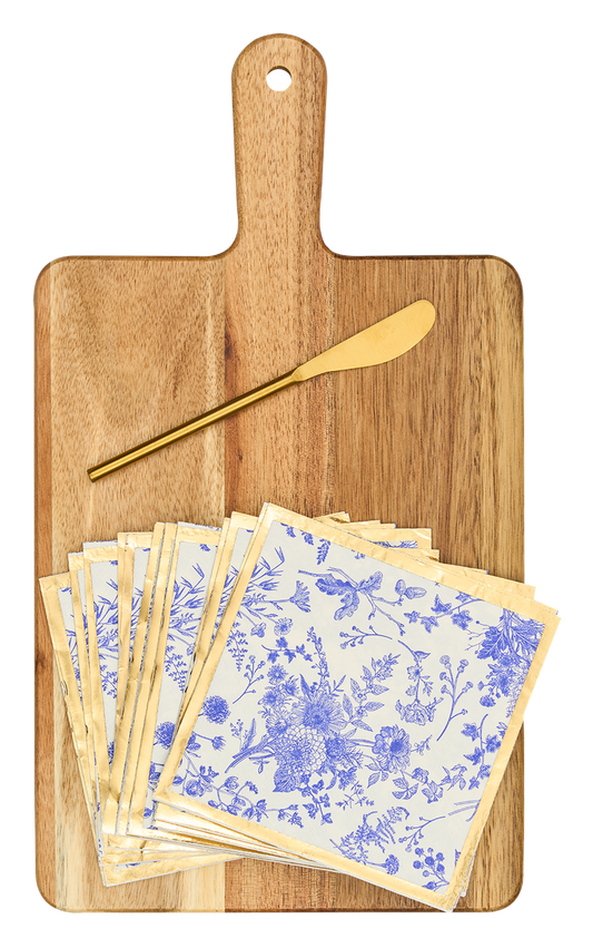 14x8" Acacia Board w/ Handle Gold Spreader, Floral Napkin
