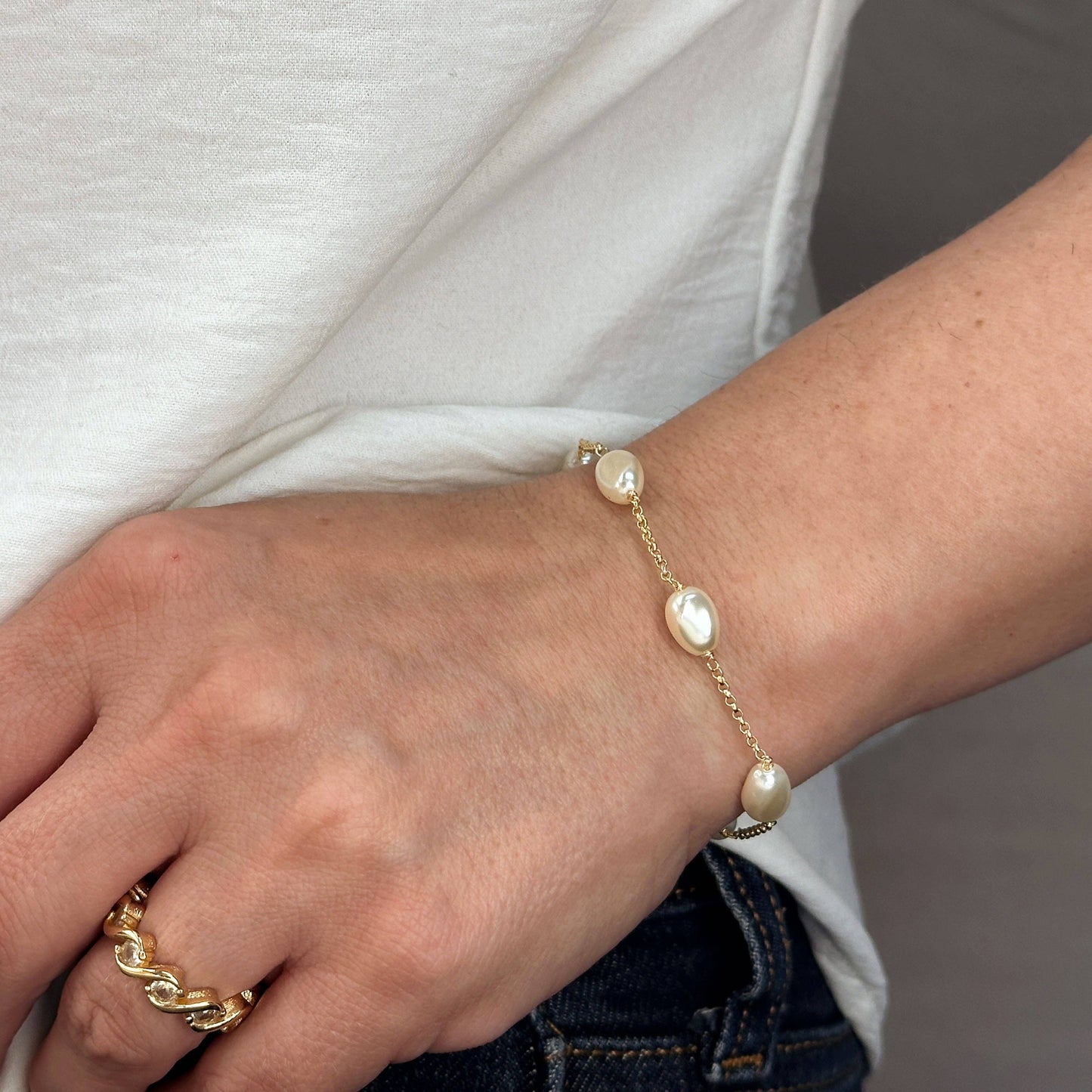 18k Gold Filled Baroque Pearl Station Bracelet