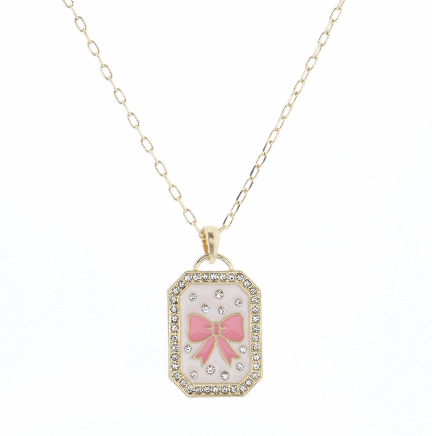 Kids 14" Light Pink Enamel with Crystals & Pink Bow Necklace