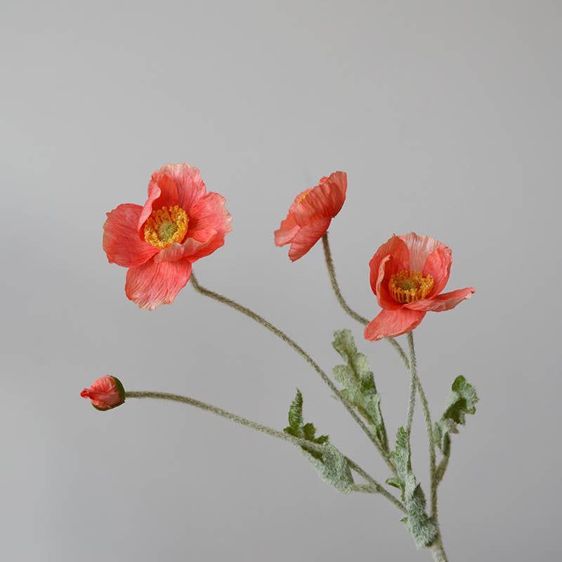 22'' Single Flocked Floral Poppy Spray, Colorful Silk Poppies