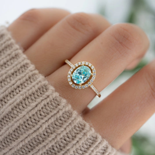 Aquamarine Halo Ring