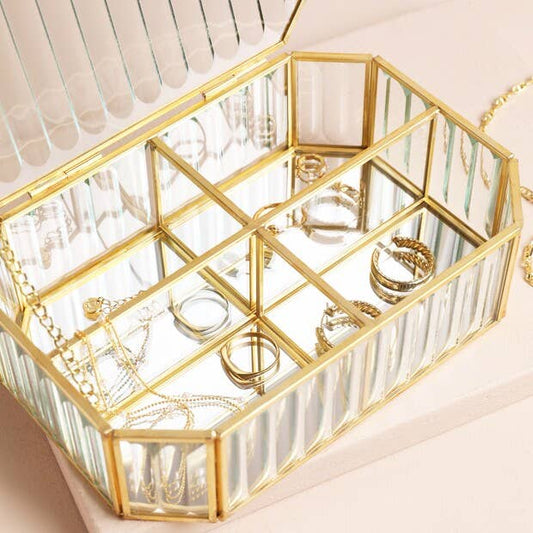Large Ribbed Glass Jewelry Box in Gold