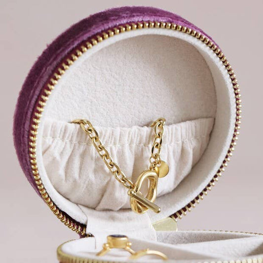 Mauve Pink Velvet Round Travel Jewelry Case