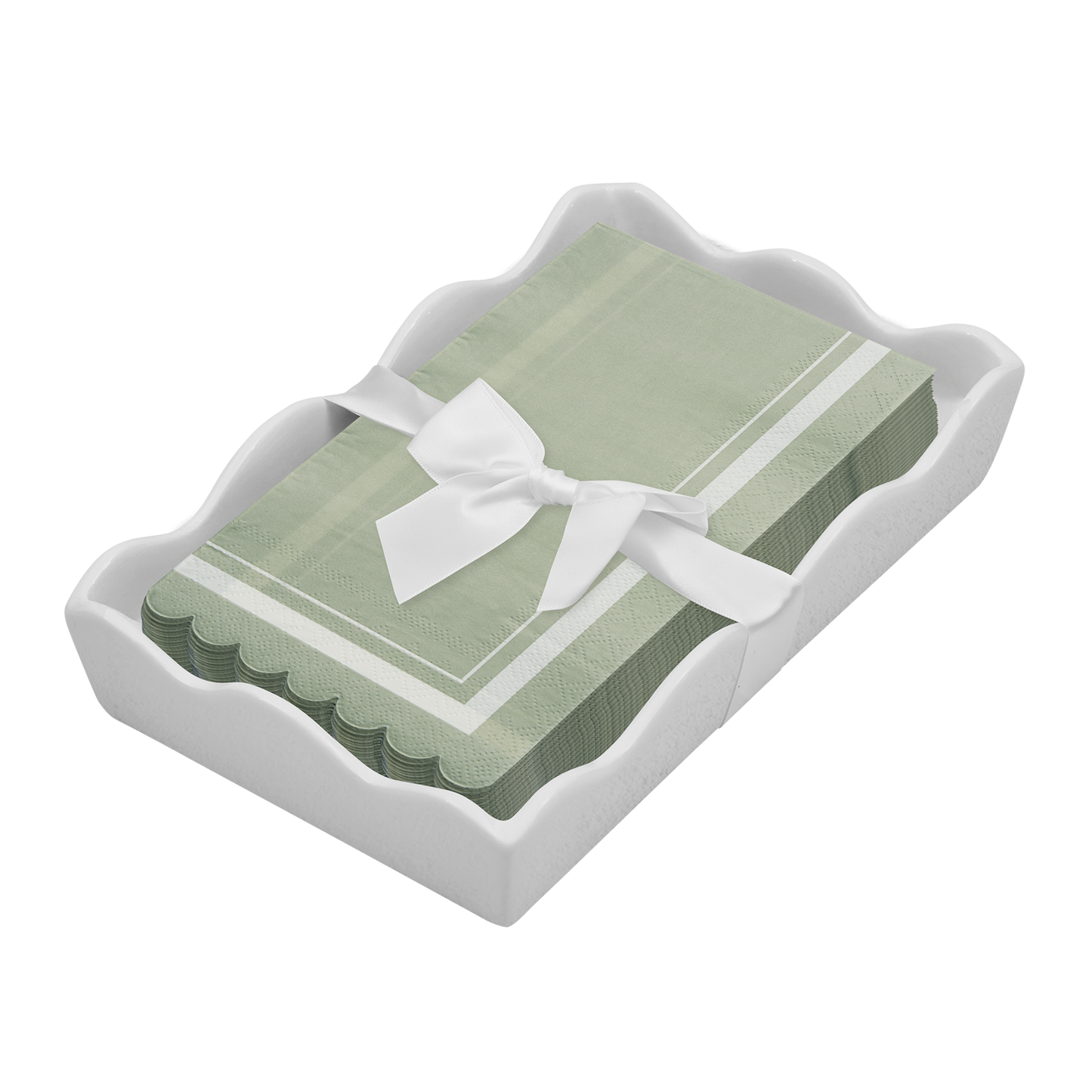Ceramic Wave Napkin Tray with Guest Towel - Scalloped Edge Sage