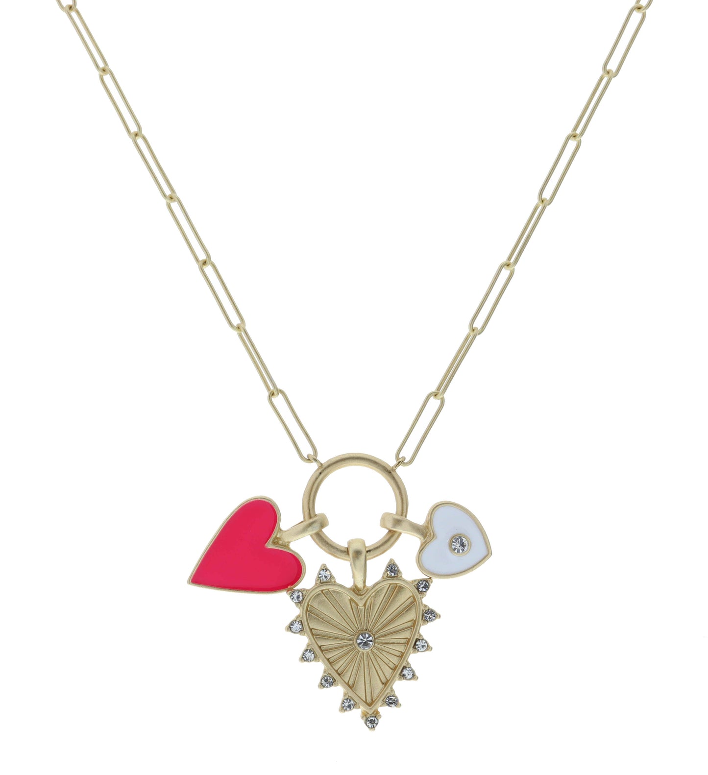 Kids 14" Pink Heart, Crystal Heart, Heart on Circle Necklace