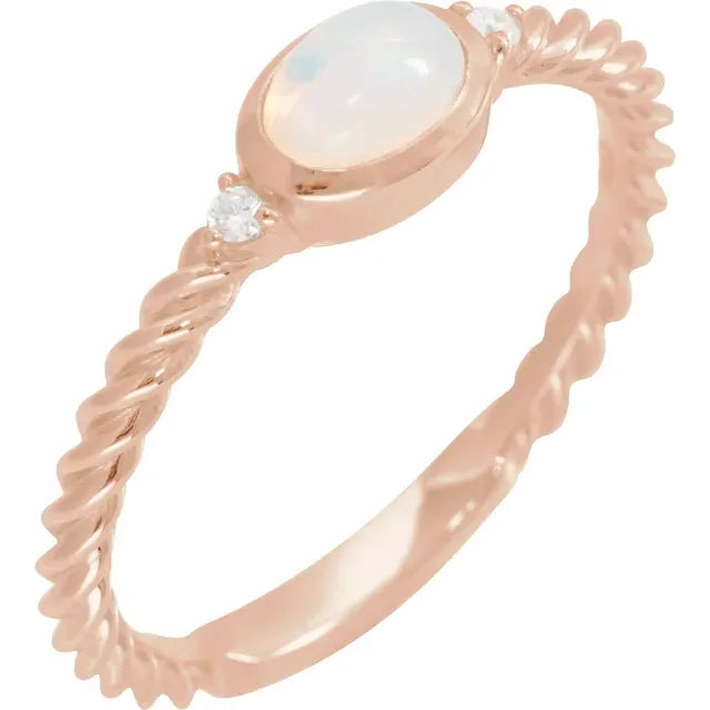 Opal and Diamond Cabochon Rope Ring