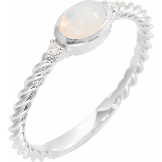 Opal and Diamond Cabochon Rope Ring