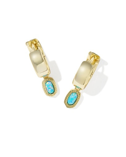 MINI ELLIE WIDE HUGGIE EARRINGS GOLD BLUE LAB GROWN OPAL