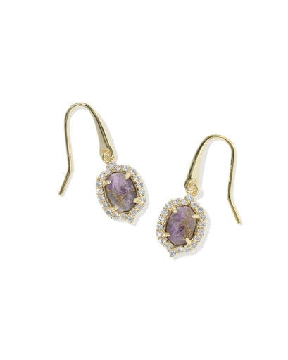 DAPHNE CRYSTAL FRAME DROP EARRINGS GOLD BRONZE VEINED PURPLE AMETHYST