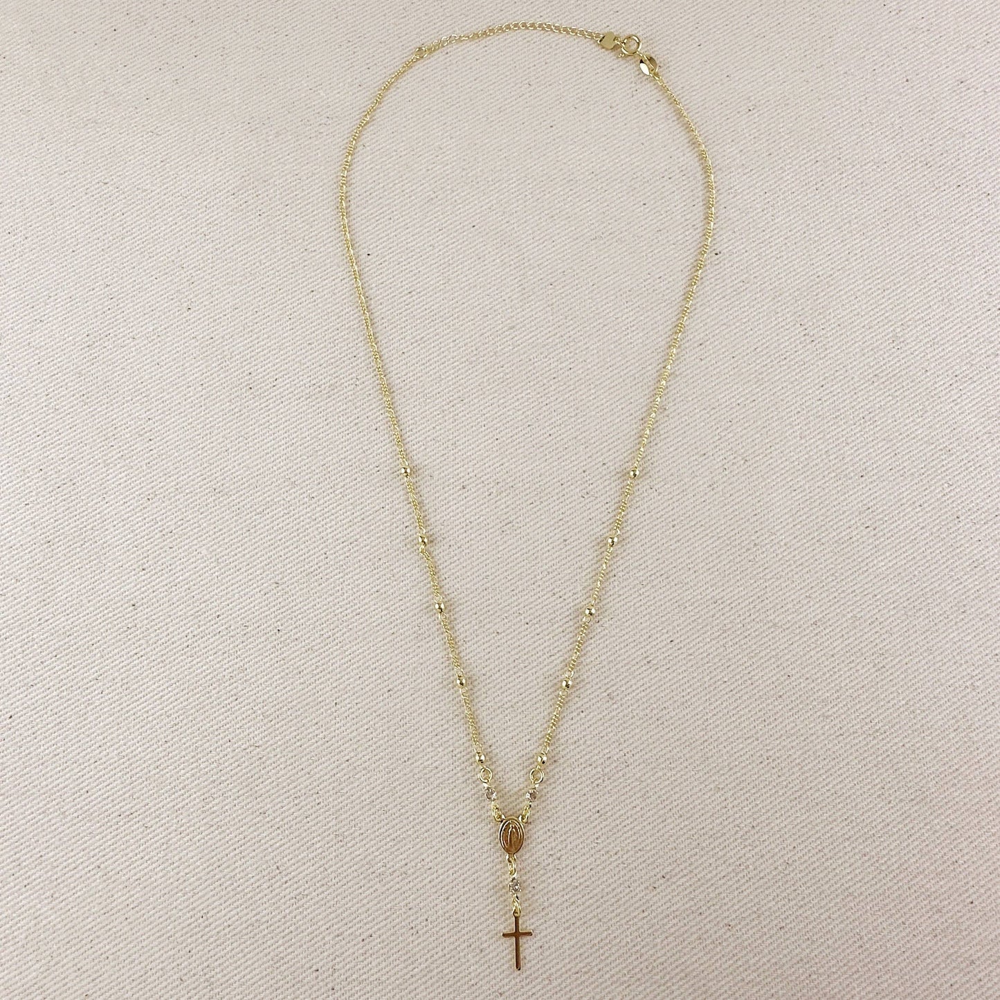 18k Gold Filled Our Lady of Graces Rosary Ball Chain and Small Plain Cross