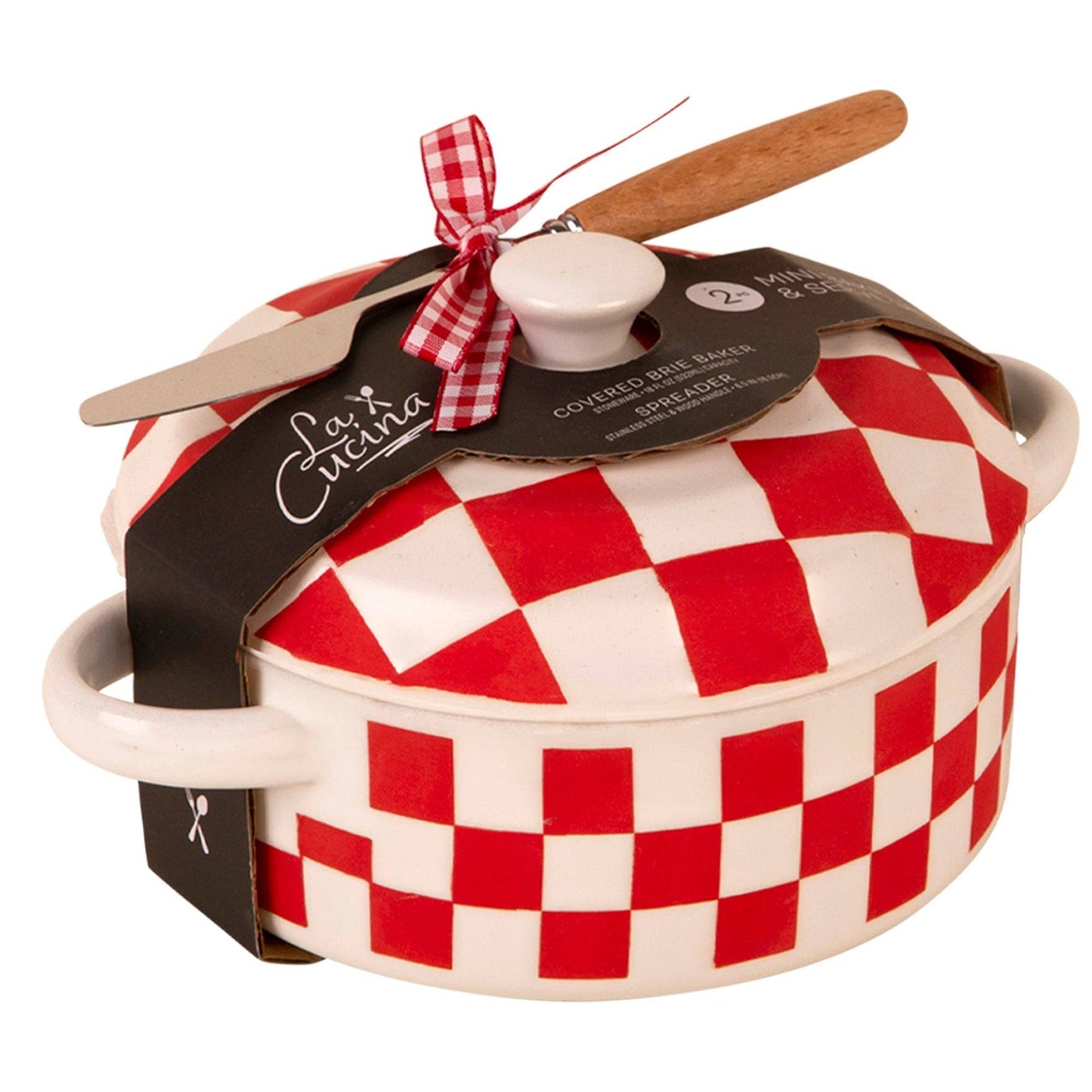 Checkerboard Covered Brie Baker with Spreader - Red