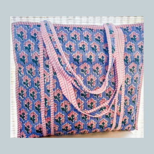 Sybil Blue and Pink Floral Tote Bag