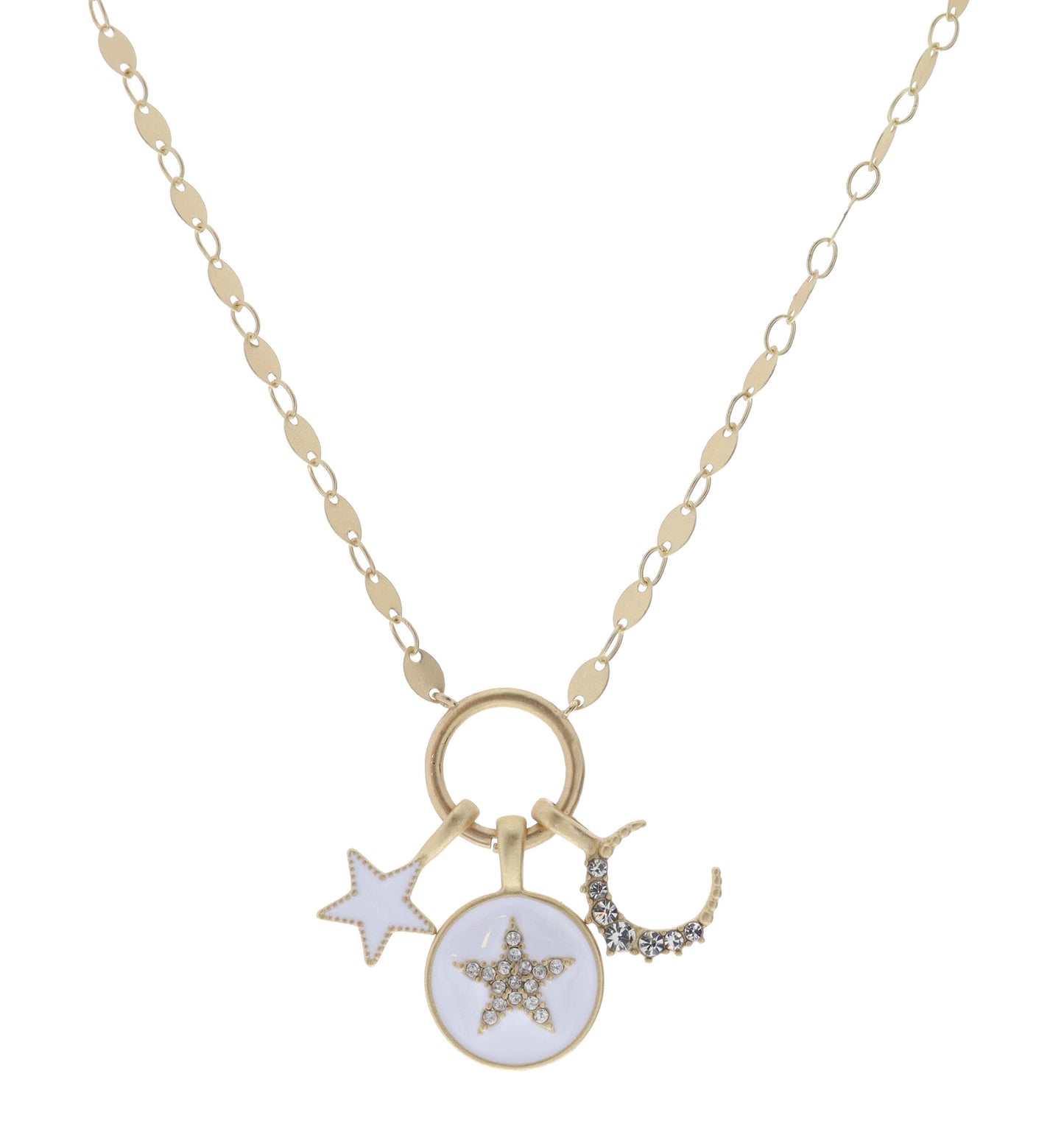 Kids 14" White Star, Star, Moon on Circle Necklace