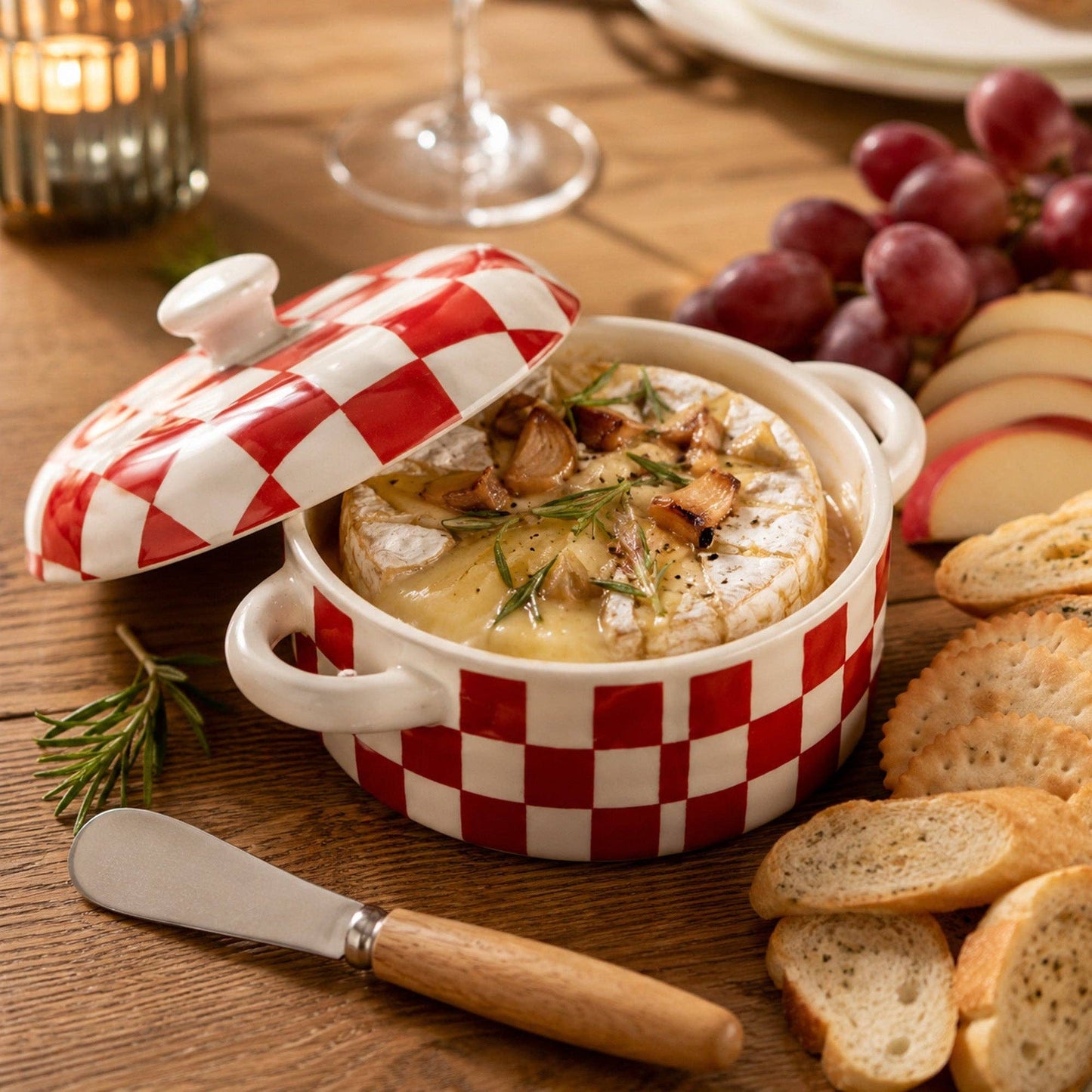 Checkerboard Covered Brie Baker with Spreader - Red