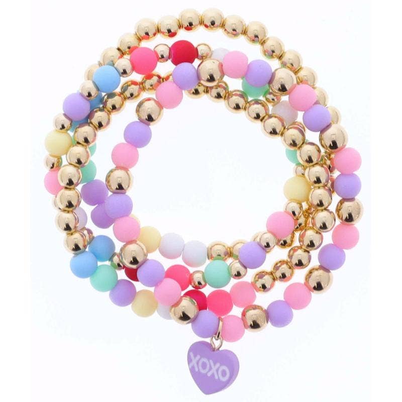 Kids Set of 4, Beaded, Purple "XOXO" Heart Stretch Bracelet