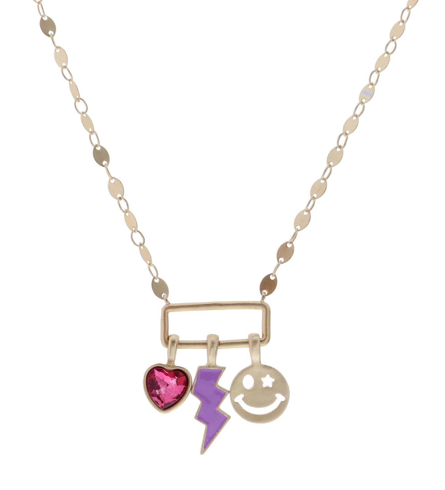 Kids 14" Pink Crystal Heart, Lightning, Happy Face Necklace