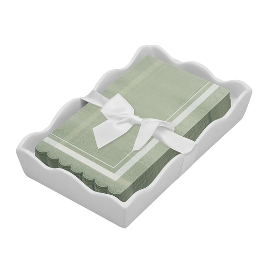 Ceramic Wave Napkin Tray with Guest Towel - Scalloped Edge Sage