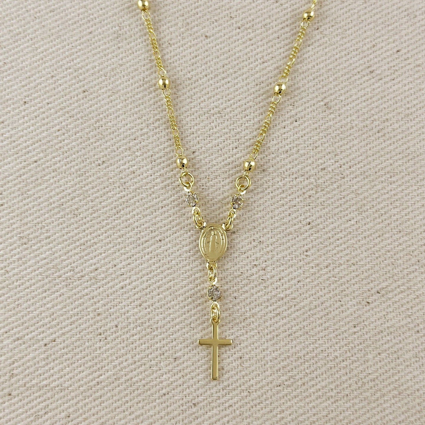 18k Gold Filled Our Lady of Graces Rosary Ball Chain and Small Plain Cross