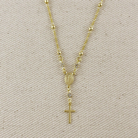 18k Gold Filled Our Lady of Graces Rosary Ball Chain and Small Plain Cross