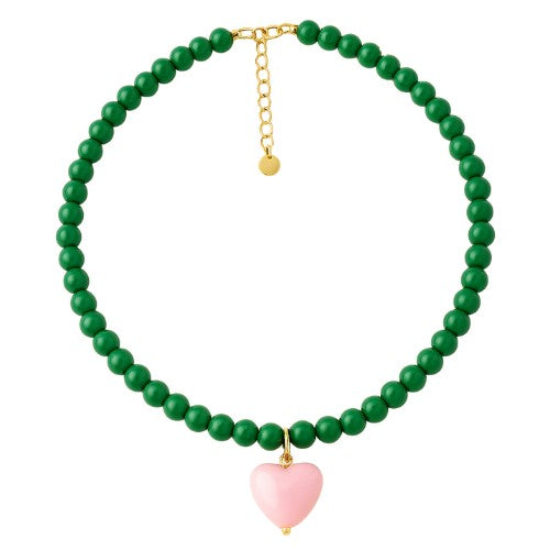 Green/Pink Heart Beaded Necklace