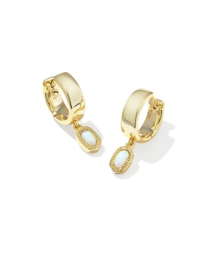MINI ELLIE WIDE HUGGIE EARRINGS GOLD BRIGHT WHITE LAB GROWN OPAL